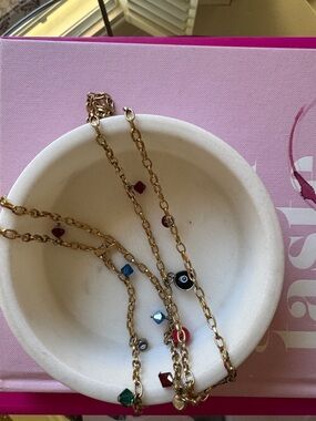 Gold Chain Necklace with Multicolor Beads and Eye Charm